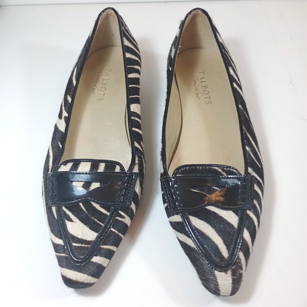 Talbots Womens 6.5 B Zebra Calf Hair Loafer Flats Black White Pointed Toe Shoes